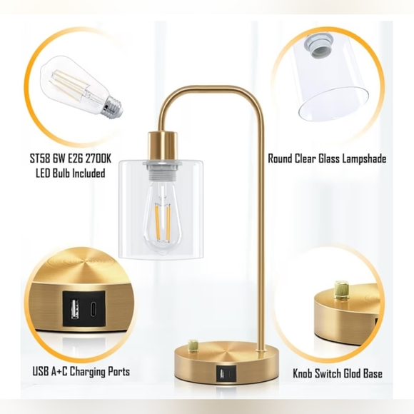 Gold Industrial 3-Way Dimmable Touch Control Table Lamps w/ USB Ports (Set of 2) - Picture 4 of 7